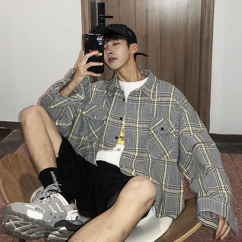 

2019 Spring And Summer New Fashion Trend Korean Version Of The Loose Couple Cotton Hip Hop Plaid Thickening Casual Shirt M-XL