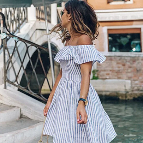 

Summer Off shoulder Hollow Beach Short dress Dress Out backless Casual Casual Women Sexy dress Ruffle striped