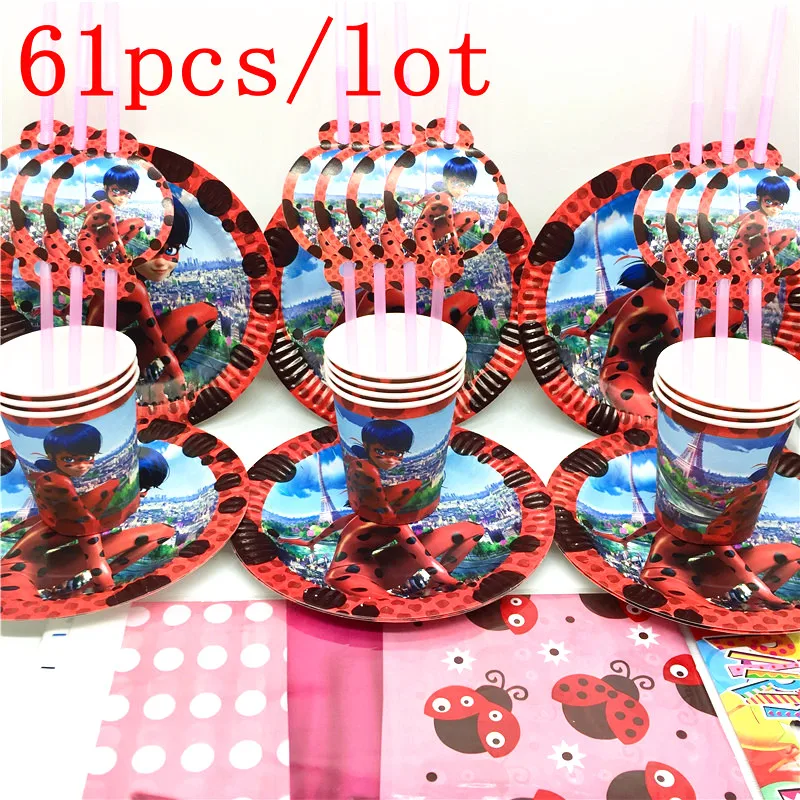 

61Pcs/Lot Print Girl Ladybug Plastic Flexible Straws Baby Shower Kid Birthday Cup Plate Straws Napkin Decoration Supply