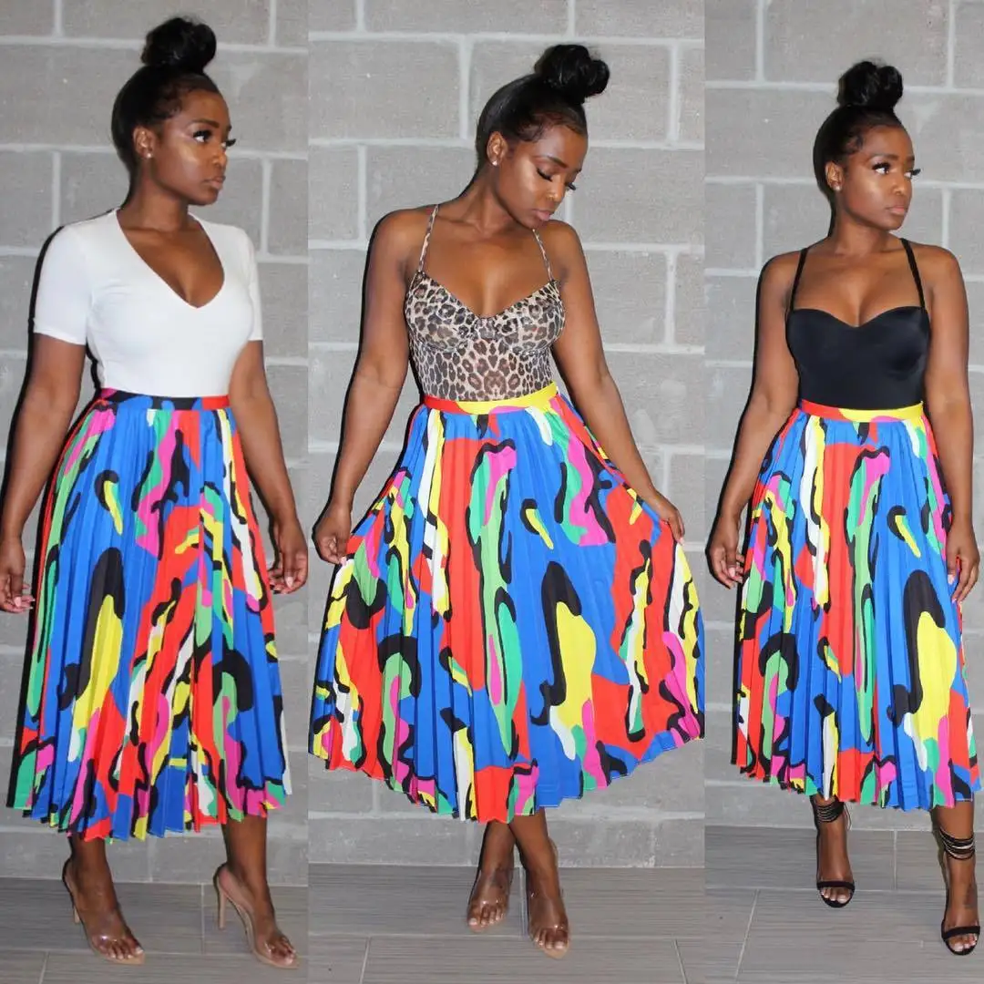 

2019 Summer New Style European And American Sexy Women Printed Crimp Leisure Residence Inn Half Pleated Skirt a Generation of Fa