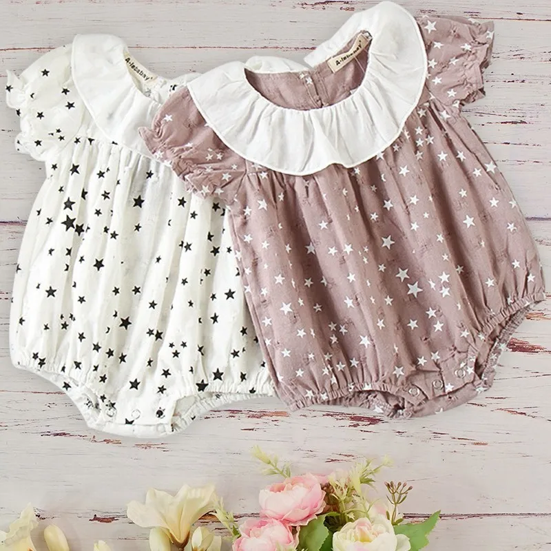 

Summer Cotton Baby Girls Romper Star Print Cotton Linen Hole Short Sleeve Newborn Baby Body Suit High Quality Toddlers Fashion