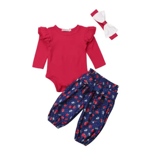 

3Pcs Newborn Baby Girls Cotton Floral Top Romper Pants Headband Outfits Clothes