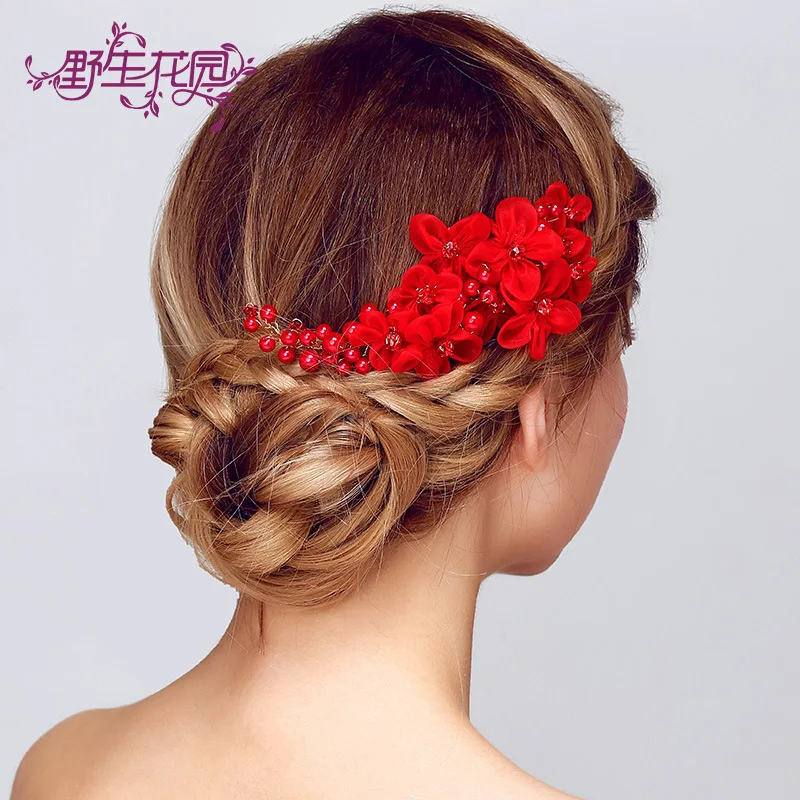 

NPASON 2019 Fashion Women Wedding Pearl White Red Two Color Hair Decorate Hair Comb Red Flower Decorate Dress Accessories