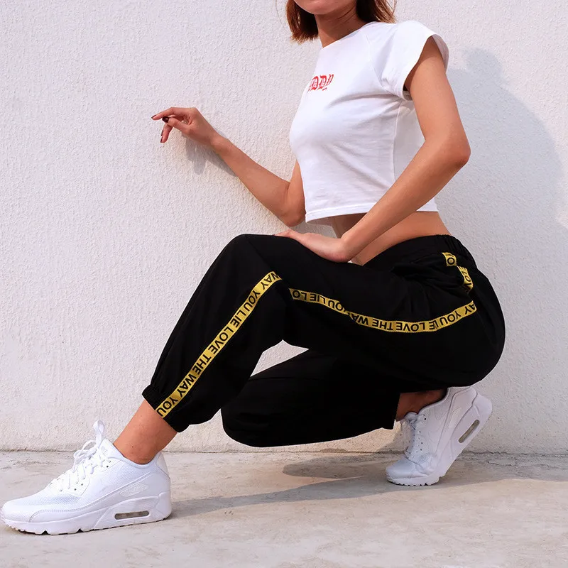 

Casual Black Baggy Sweatpants Women Loose Cotton Side Striped High Waist Joggers Women Trousers Pantalon Femme Streetwear 2019