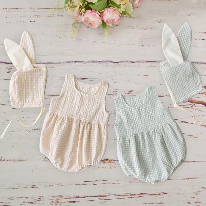 

2019 Summer Infant Baby Girl Clothes Set Small Fresh Lattice Sleeveless Rabbit Ears Hat Two-piece Romper Jumpsuit Roupas De Bebe