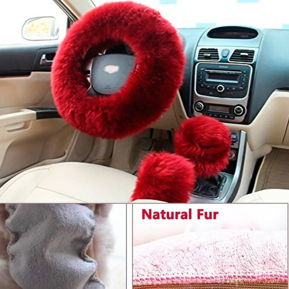 

3 Plush Fur Fluffy Car Steering Wheel Cover Handbrake Cover Gear Knob Cover Winter Fur Warm Long Wool Plush Steering Wheel Cover