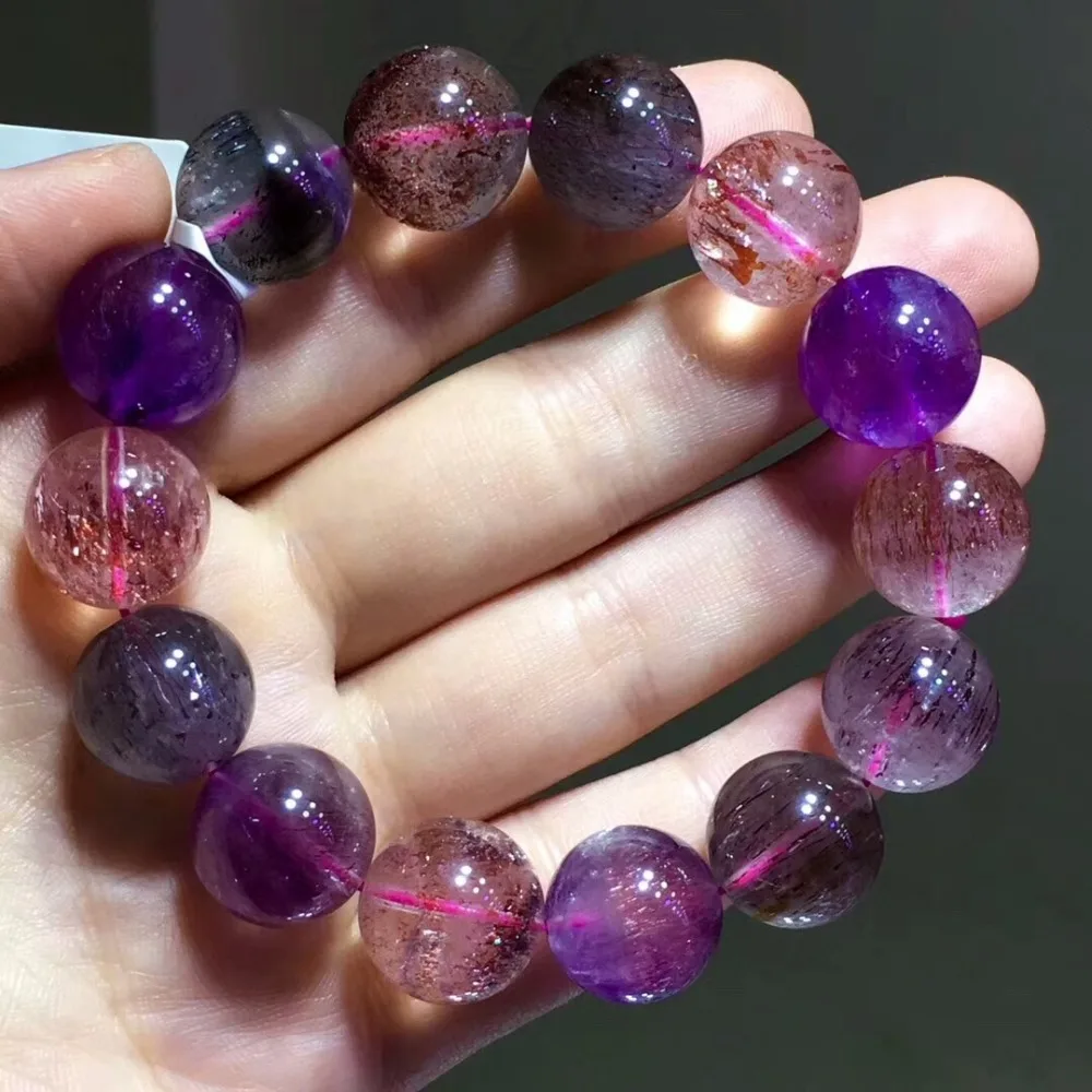 

15.5mm Genuine Natural Super Seven 7 Purple Rutilated Quartz Rare Women Man Round Beads Stretch Bracelet Aaaaa Certificate