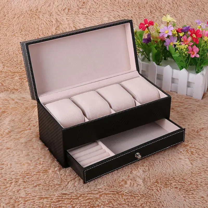 

Hot Sell 4 Grids PU Leather Jewelry Watch Casket Box Holder with Drawer Make Up Organizer Watches Jewelry Casket Storage Box