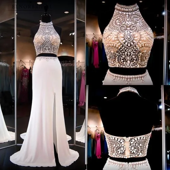 

Champagne Two Piece Prom Dresses 2019 Beading Crystal Vestidos De Festa Side Split Mermaid Formal Dress Women Party Gowns