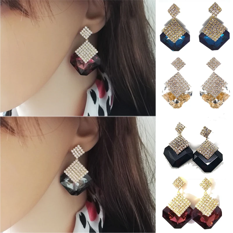 

Sale Crystal Square Stone Earrings For Woomen Blue Red Rhinestones Zircon Beautiful Female Earrings Wedding Jewelry