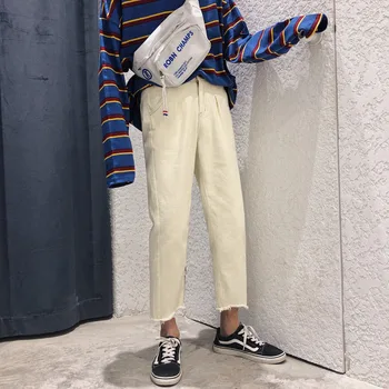 

2019 Spring And Summer Season Hot Korean Version Of The New Listing Couple Casual Flip Hair Sports Denim Pants Cotton Large Size