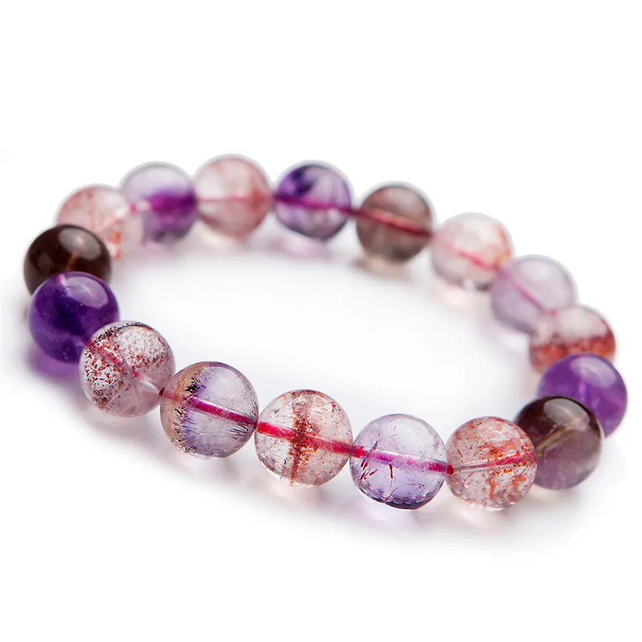 

13mm Genuine Natural Super Seven 7 Melody Stone Colorful Rutilated Quartz Crystal Stretch Round Bead Bracelet