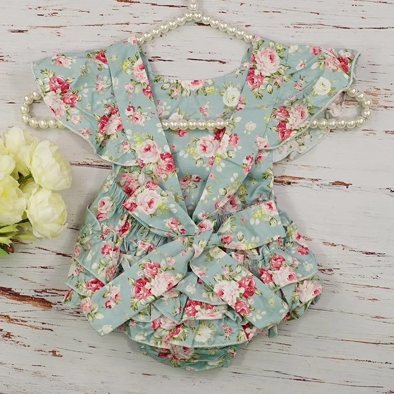 

Baby Girl Ruffle Romper Jumpsuit Summer For Newborn Kid Toddler Flutter Sleeve Clothes Roupa Infantil Green Pink Flower Headband
