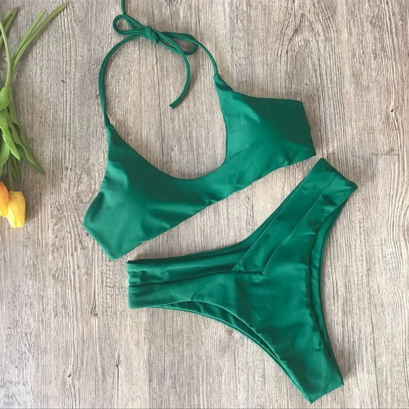 

Sexy Thong Bikini Set 2019 Solid Swimsuit Women Push Up Bikinis Green Bandage Straped Swimwear Bathing Suit Swimming Biquini