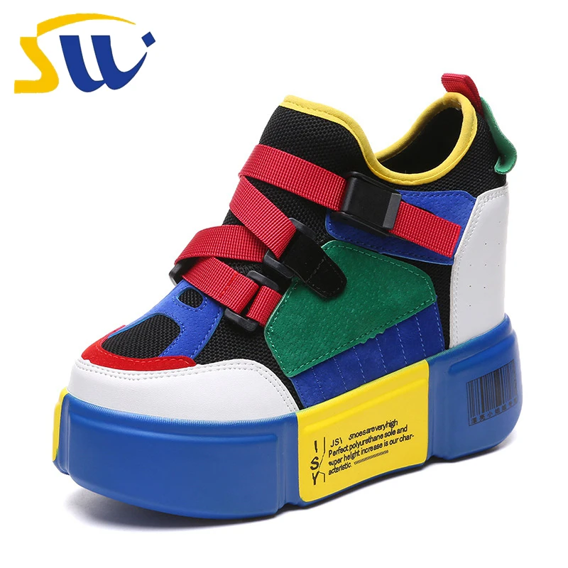 

SWONCO Patchwork Color Sneakers Shoes Woman Wedge Buckle Slip On Female Casual Dad Shoes Platform Comfortable Lady Sneakers