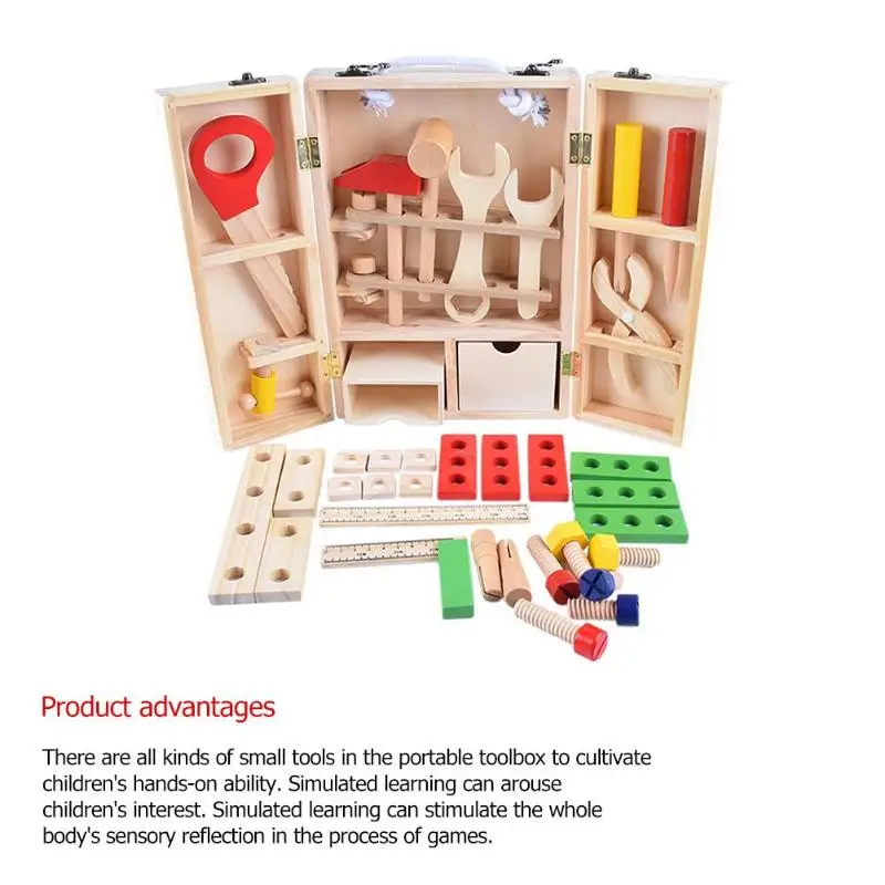 Kids Baby Wood Multifunctional Tool Set Toys DIY Maintenance Box Pretend Toy Birthday Gift