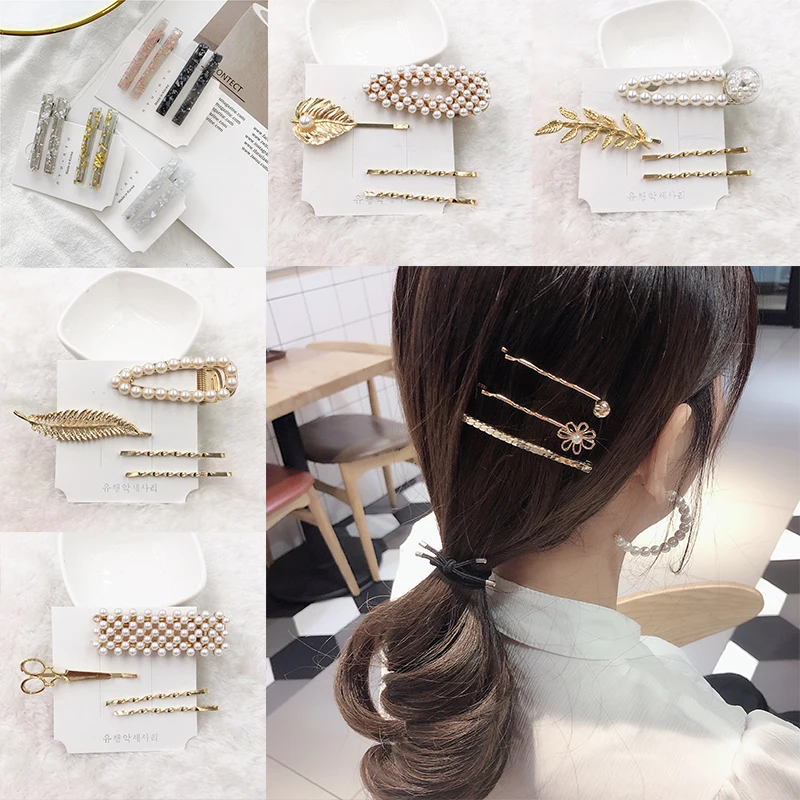 

Fashion acetic acid Women Hairpin Barrette Stick Snap Pearl Girls Gold Color Hair Clip Leaf beads Hair Accessories