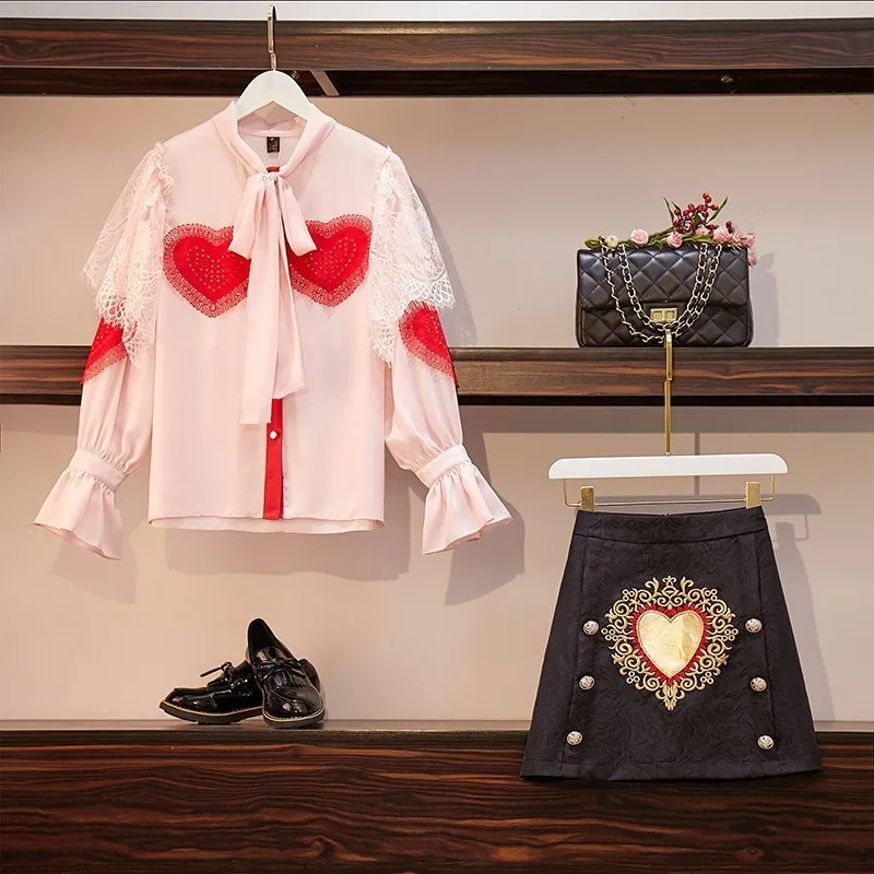 Летний женский комплект, рукав-фонарик, воротник-бант, сердце, кружевная шифоновая рубашка, топ+ модная юбка с вышивкой, костюм из двух предметов