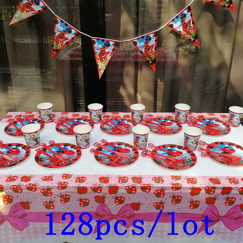 

Miraculous Ladybug 128Pcs/Lot Disposable Tableware Cup Plate Banner Kid Birthday Decoration Family Party Wedding Event Supply