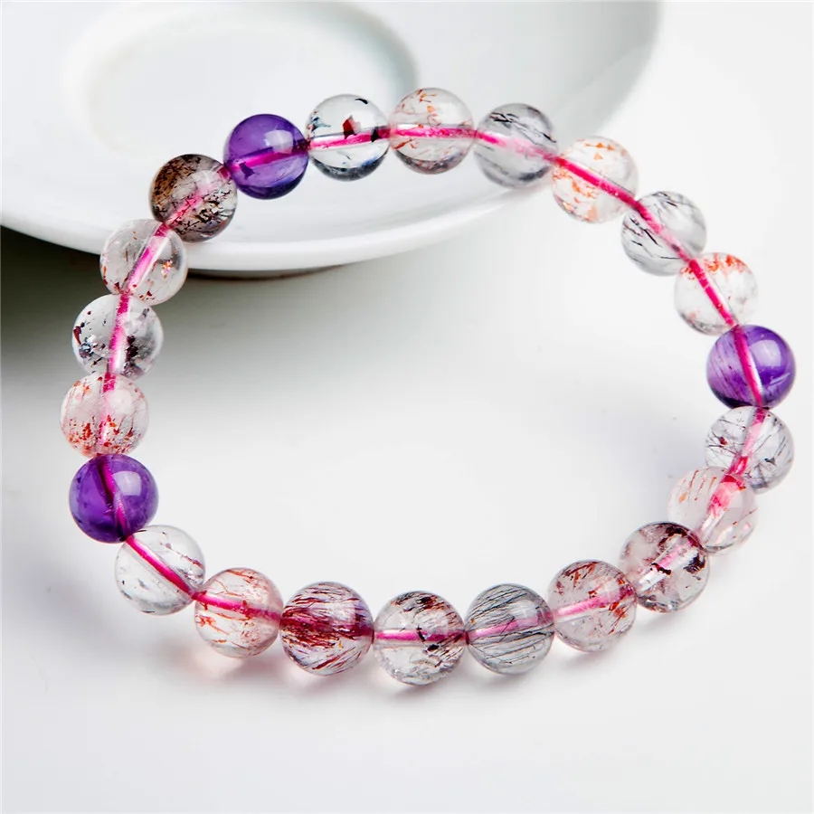 

Genuine Natural Super Seven Melody Stone Clear Round Crystal Beads Jewelry Stretch Charm Bracelets 9mm For Women