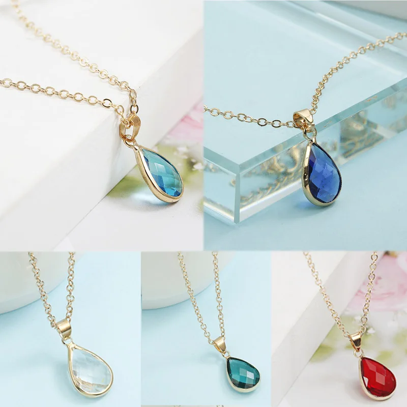 

Fashion 1PC Zircon Red Blue Crystal Women Necklace Water Drop Pendant Necklaces Natural Stone Wedding Jewelry