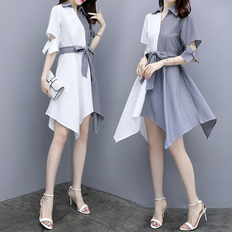 2019 summer plus fat large size women  fashion simple color matching stripe thin lapel irregular stitching temperament female