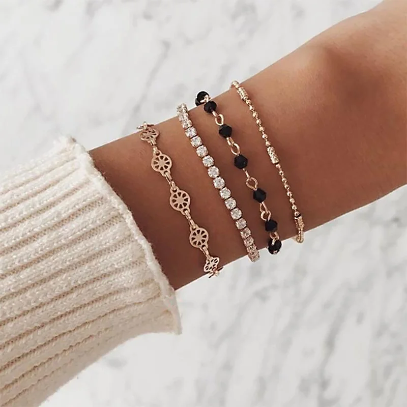 

New Bead Chain Crystal Multilayer Gold Bracelet Set Simple Engraving Compass Hollow Map Boho Bracelets Personality Gift