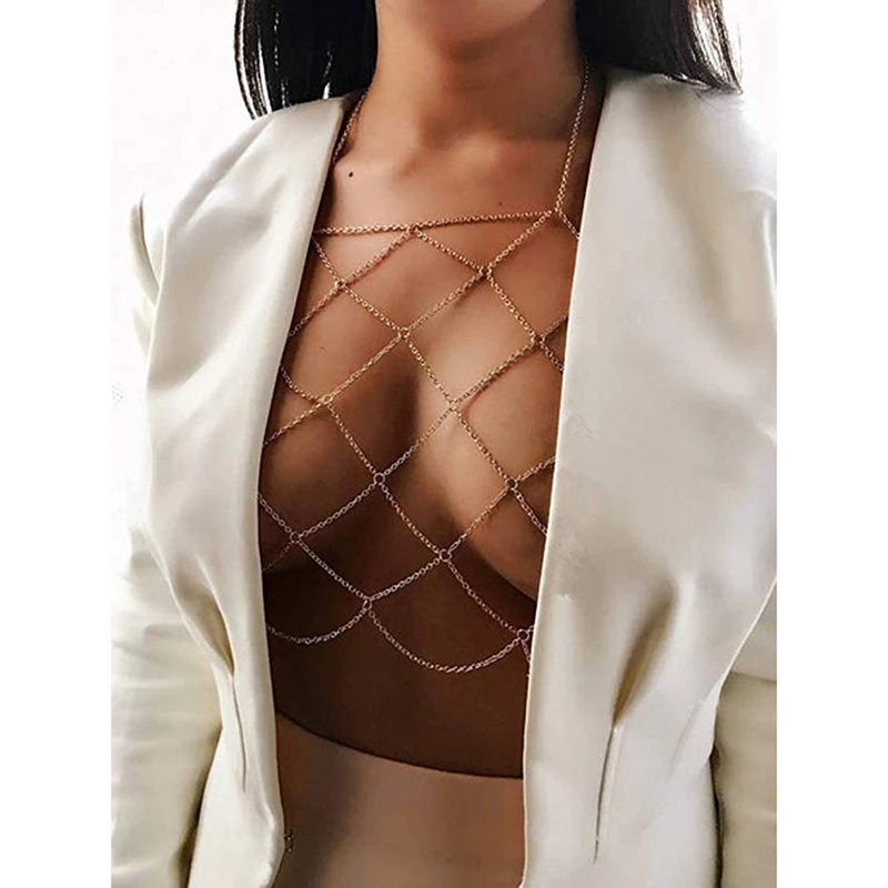 

Women's Halterneck Mesh Body Chain Bralette Bikini Bra Necklaces Stomachers Gold