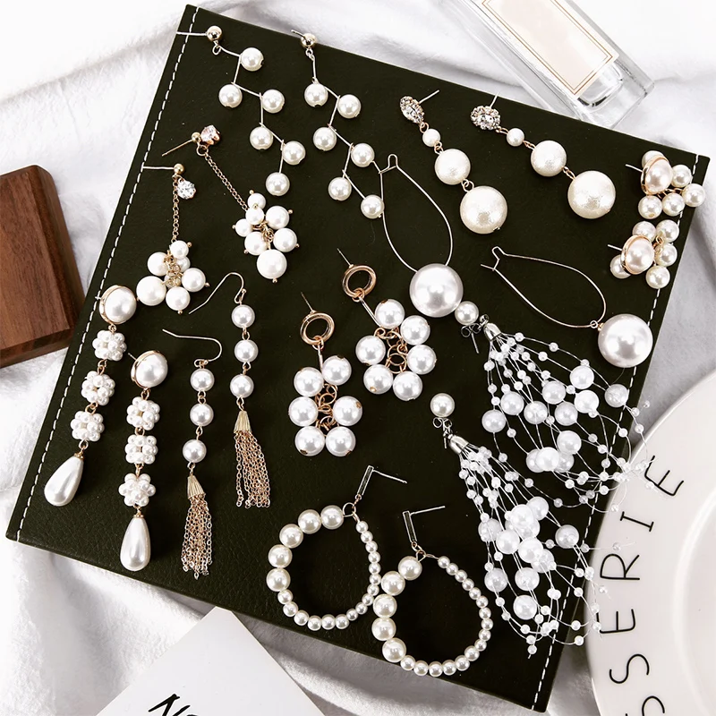 

New Pearl Flower Earrings For Women White Long Tassel Pearl Female Weddings Earrings Geometric Irregular Fashion Jewelry