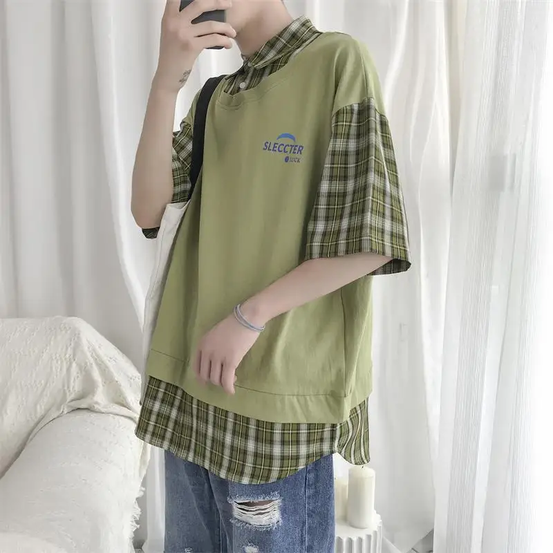 

2019 Chinese Style Spring And Summer Models Of High Quality Casual Loose Comfort Super Fire New Plaid Stitching T-shirt