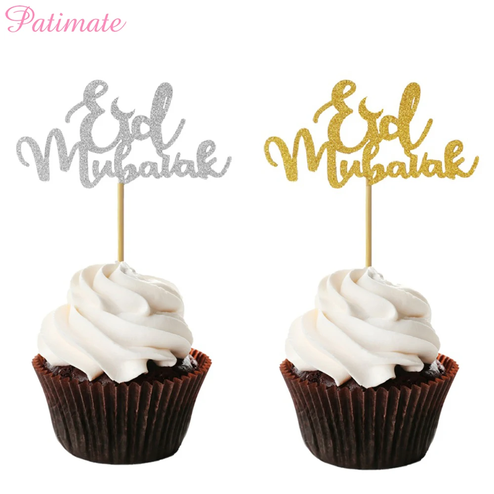 

PATIMATE 10pcs Glitter EID Mubarak Cup Cake Topper Ramadan Decoration Cake Decorating Supplies Ramadan Kareem Decor For Cake