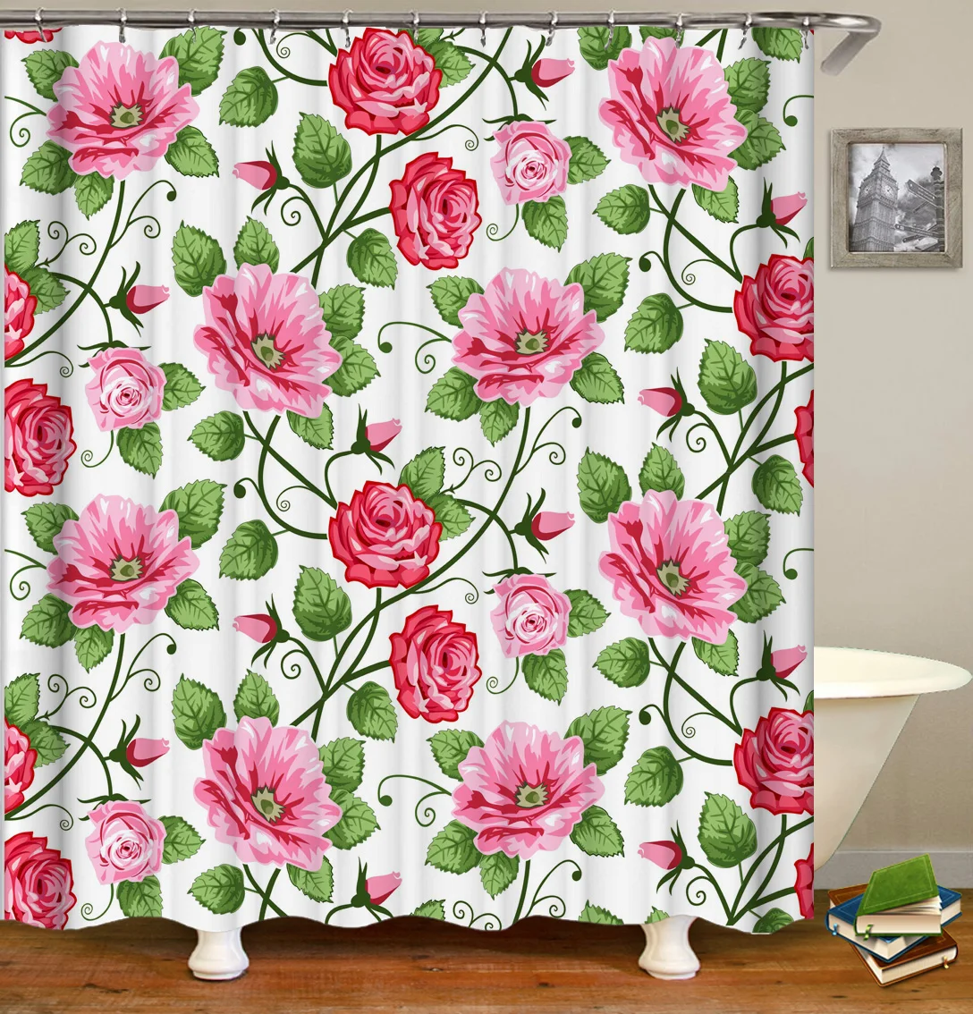 

Shower Curtain Set with Hooks Pink Red Rose Flowers Green Leaves Florals Bathroom Decor Polyester Fabric Shower Curtain