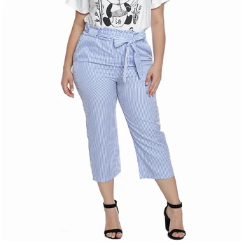 

Wipalo Women Striped Straps Casual Capri Pants Plus Size Elastic Waist Wide Leg Pants Summer Loose Straight Trousers Bottoms