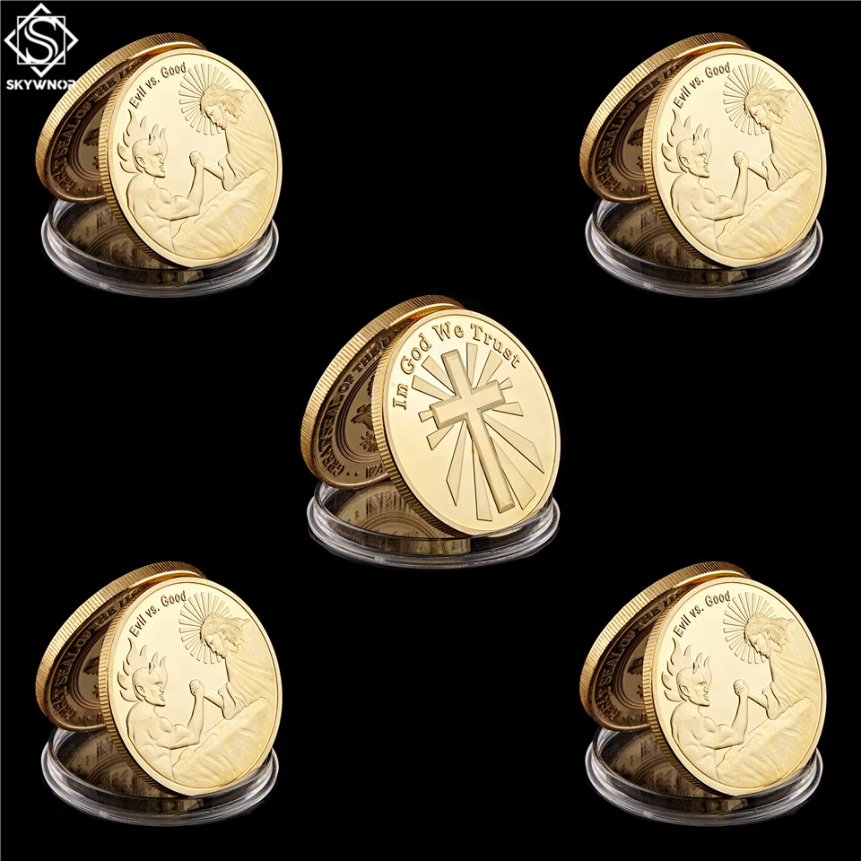 

5PCS USA In God We Trust God Jesus Vs Evil Satan Christ Cross American Collectible Gold Coin Value Gifts