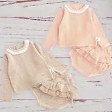 Комплект одежды для маленьких девочек; сезон осень-зима; детский комплект одежды с длинными рукавами для малышей; вязаная шерстяная одежда; шаровары с оборками и топы; Roupa