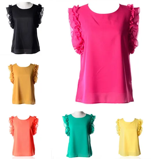 

2019 New Fashion Blouse Lotus Leaf Bow Lacing Hot Butterfly Sleeveless Tank Top Chiffon Shirt Women O-neck Solid Color O-Neck