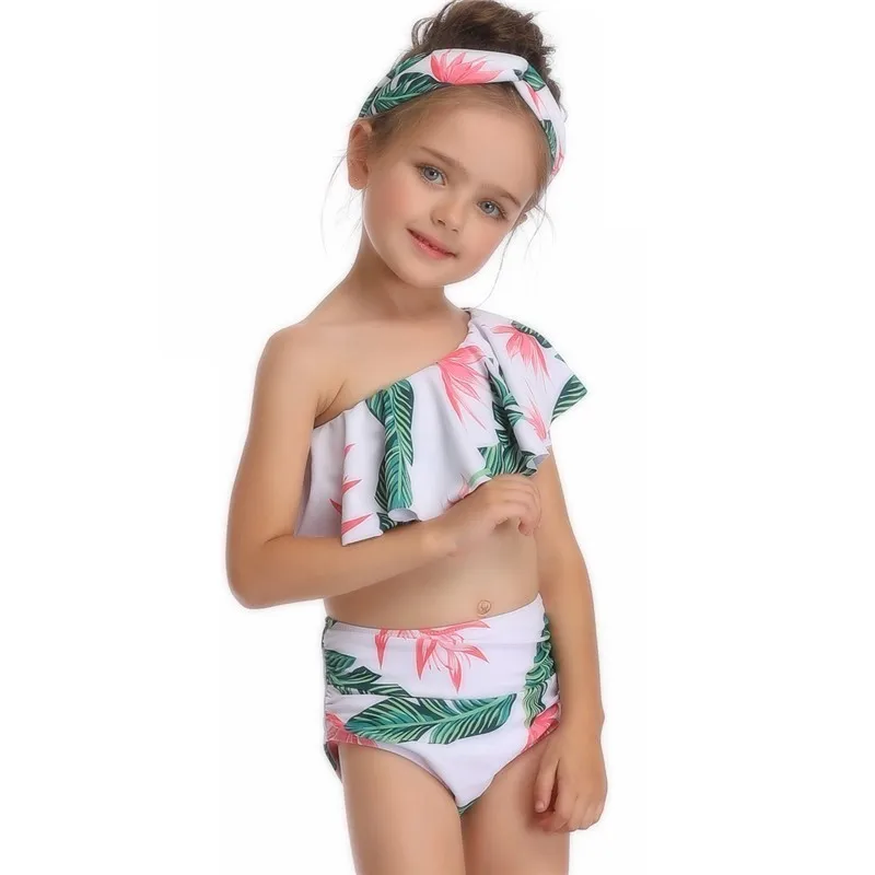 Комплект бикини; зеленый купальник с оборками для девочек; комплект из двух предметов; детский купальник на одно плечо; детский бандажный купальный костюм с принтом
