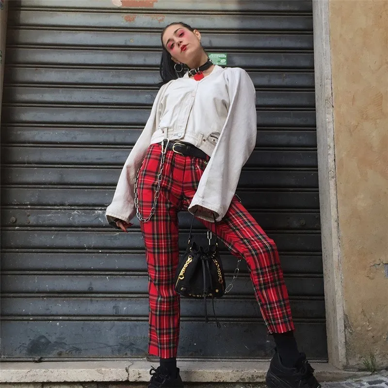 Women Summer Casual Red Plaid Straight Pants Female Ankle Length Trousers Lattice Checker Capris Women Summer Casual Red Plaid Straight Pants Female Ankle Length Trousers Lattice Checker Capris