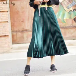 Женская из металла цвет плиссированная юбка миди японский стиль дамы уличная Высокая талия велюр Chic юбки для женщин Saias 2019 Весна Sk279