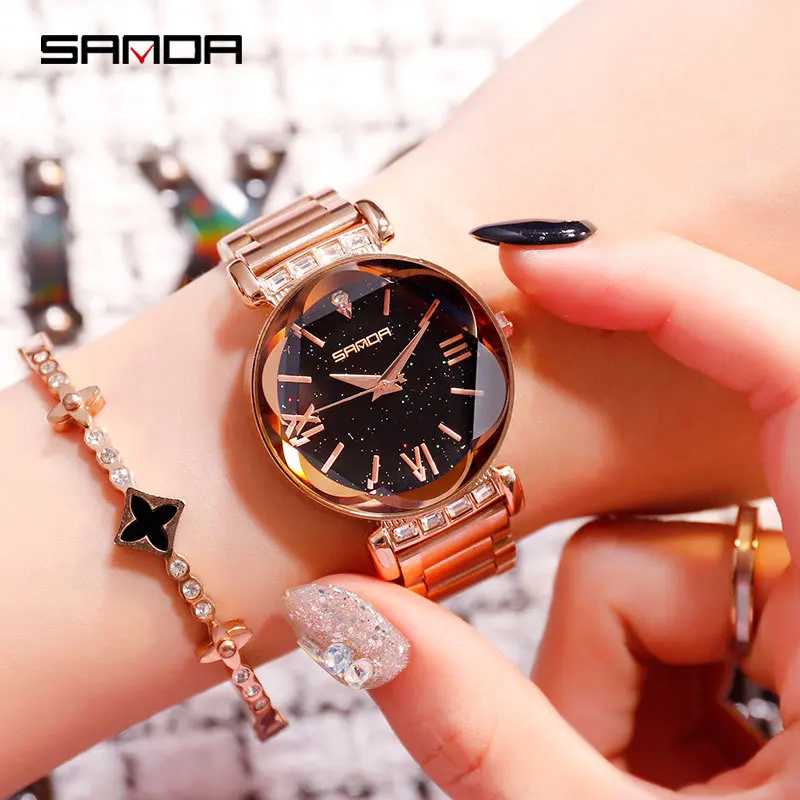 

SANDA New trend simple women's watch fashion women's personality big dial fashion watch starry steel belt ladies watch