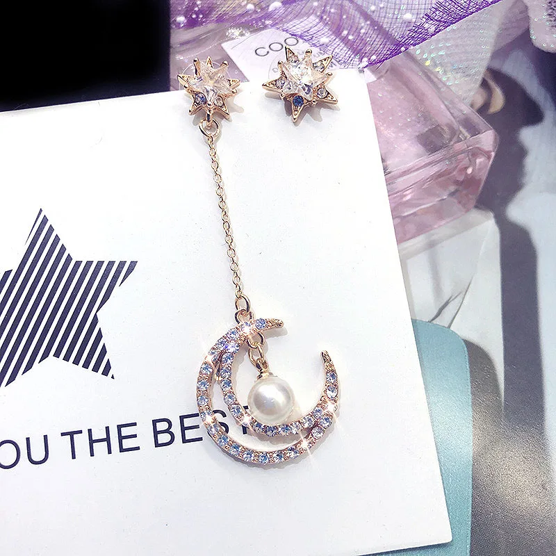 

Fashion Crystal Asymmetrical Star Moon Earrings Women Temperament Long Personality Ear Jewelry Exquisite Earrings
