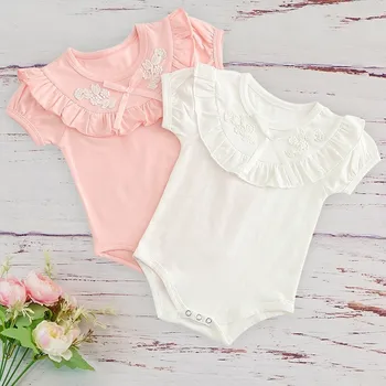 

2019 Summer Infant Baby Girl Body Suit Hot Solid Color Flower Stretch Short-sleeved Cotton Top Rompers Pink White Vestido Infant