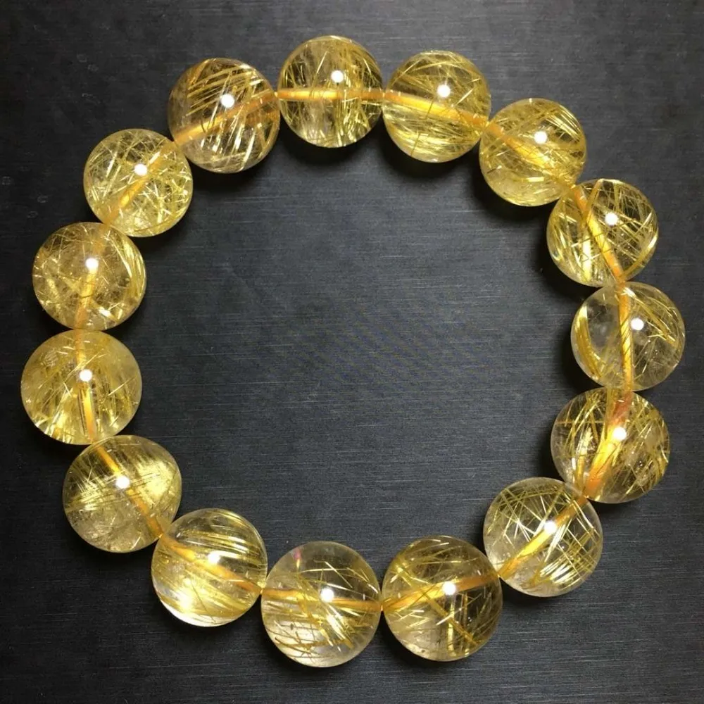 

Top Certificate Natural Gold Rutilated Quartz Round Beads Stretch Bracelet 15.5mm Wealthy Women Man Jewelry Stone Healing Aaaaa