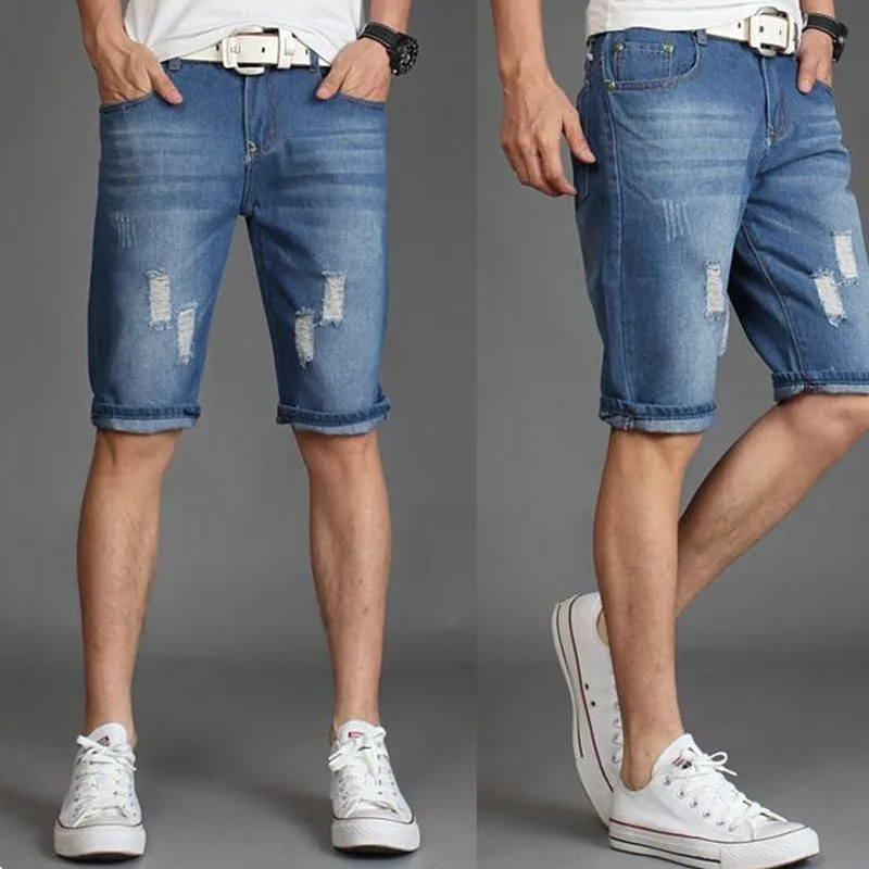 

2019 Summer New Fashion Men's Solid Color Mid High Quality Elastic Denim Shorts Cotton Casual Skinny Button Leisure Jeans