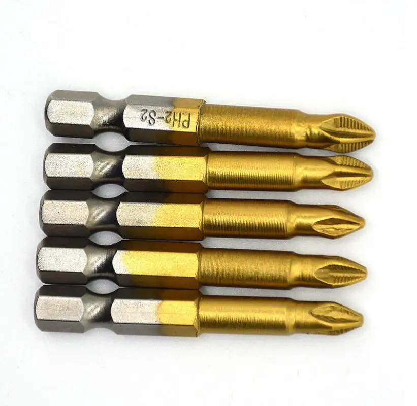 

5pcs/set 1/4" Hex Shank Titanium Coated PH2 Anti Slip Bits Electric Screwdriver Bits with Magnetic Tip Golden