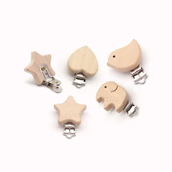 

Cute Shape Beech Wood Pacifier Clip 2pcs Small Elephant Star Heart-shaped Bird Baby DIY Preferred Nipple Chain Accessories