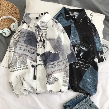 

2019 Spring And Summer New Korean Version Of Harajuku Men's Casual Loose Graffiti Cotton Short-sleeved Hawaiian Shirt M-2XL Best