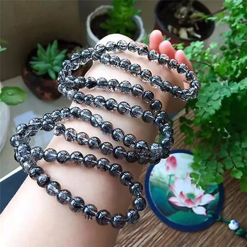 

7mm Genuine Bracelet Natural Black Rutilated Quartz Crsytal 108 Round Beads Bracelet Necklace Top Quality Aaaaa Drop Shipping