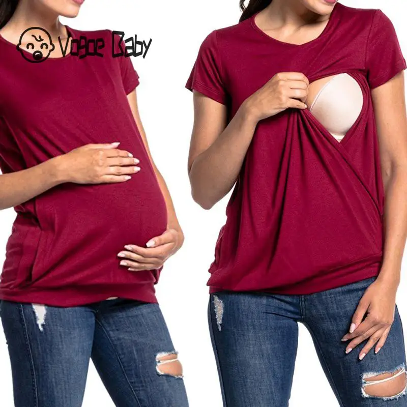 

Short Sleeve Summer Maternity Nursing Tops Breastfeeding Solid Simple Clothes Easy To Feed Baby Can Be Worn Outside 4829