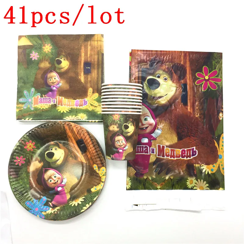 

Masha and Bear Theme Design 41Pcs Children Birthday Party Decoration Tablecloths+Napkins+Plates+Cups Party Supplies for 10People